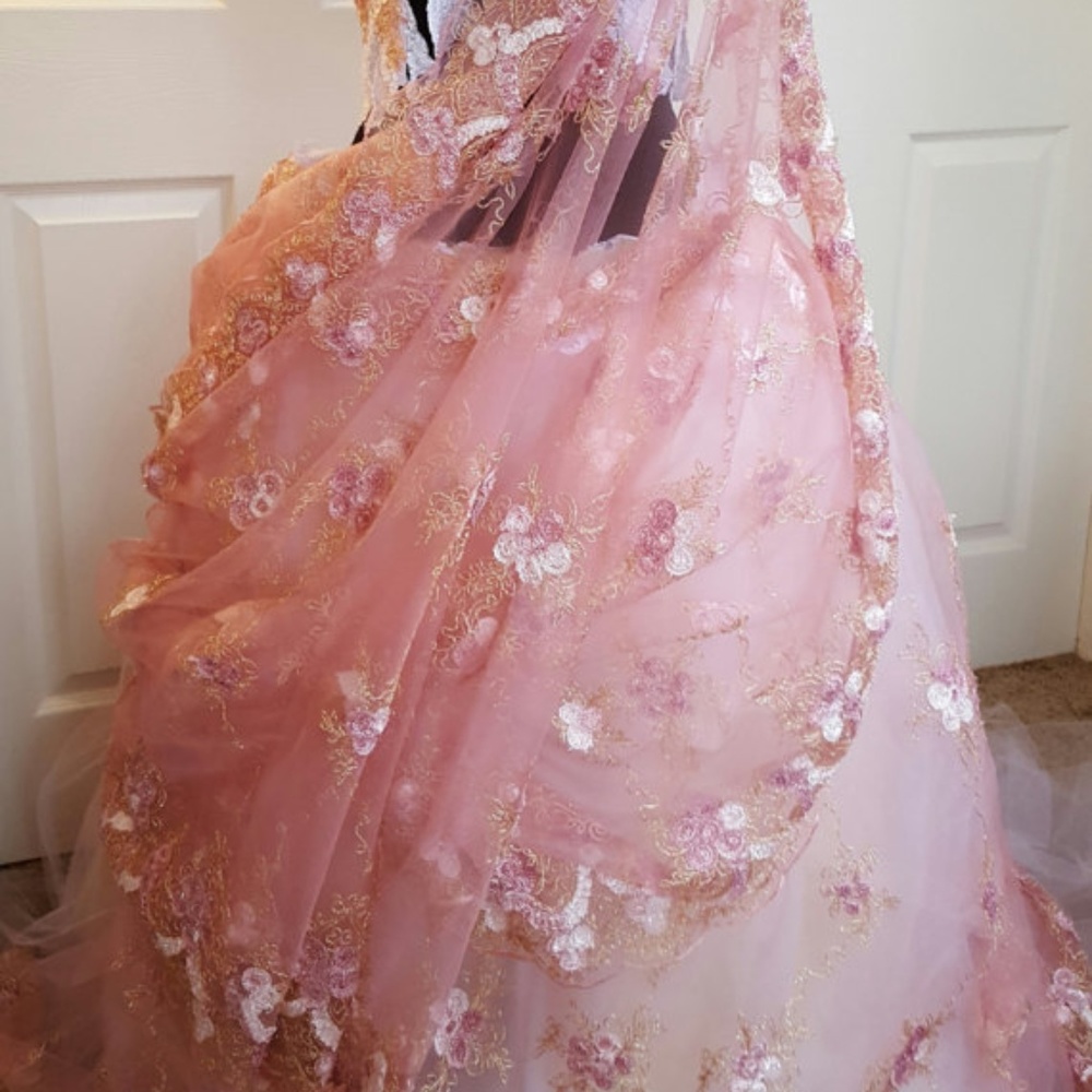Pink Gold White Lace Lehenga Sari Bridal Ballgown - Picture 4 of 11